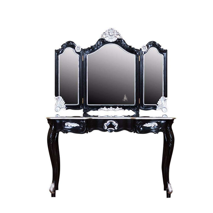 Seduce Vanity by Haunt Cult, a black and cream three-panel mirrored vanity with curved mirror crowns, pale carved floral accents, slim cabriole legs and small drawers beneath the mirrors, image 11