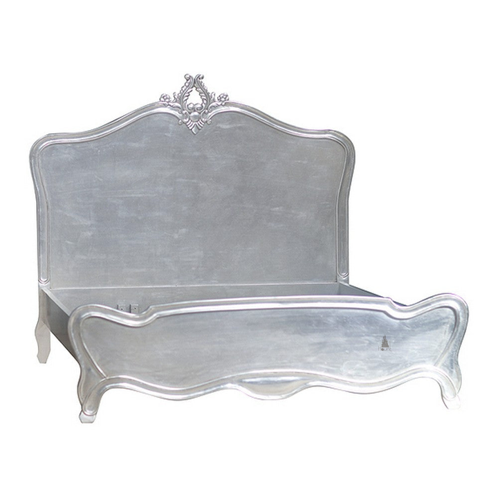 The Space Cadet Bed, a handcrafted French provincial-style bed with a tall shaped headboard, low serpentine footboard and cabriole-style legs.