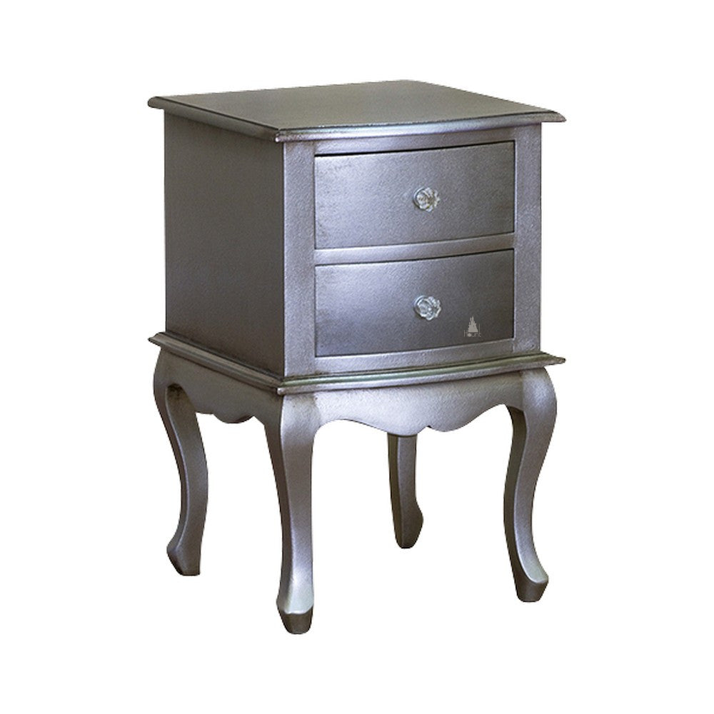 Space Cadet Bedside Table, a compact two-drawer bedside with a sleek metallic silver finish, a gently shaped apron and slender cabriole legs