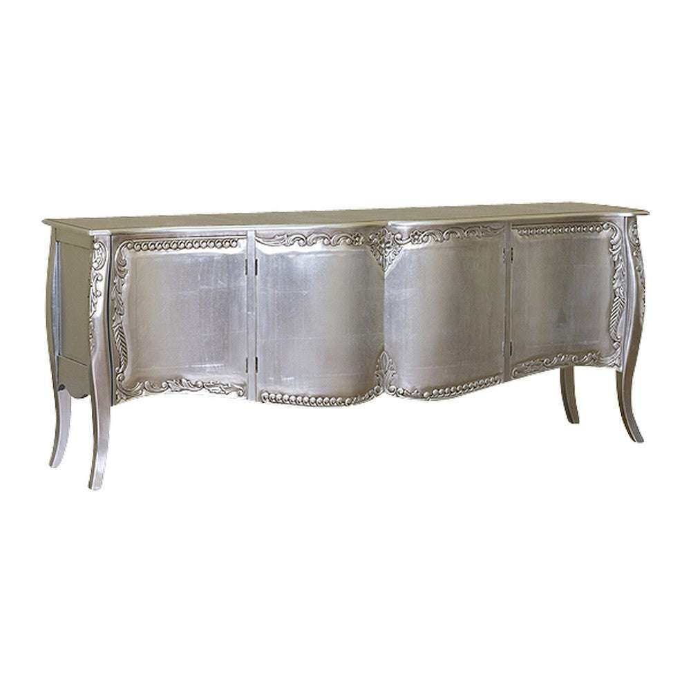 Space Cadet Buffet by Haunt Cult, a long silver-toned buffet with rounded door fronts, curved panels, carved border detailing and slender curved legs