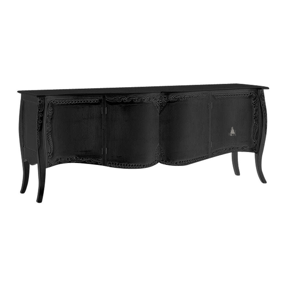 Space Cadet Buffet by Haunt Cult, a long silver-toned buffet with rounded door fronts, curved panels, carved border detailing and slender curved legs, image 2