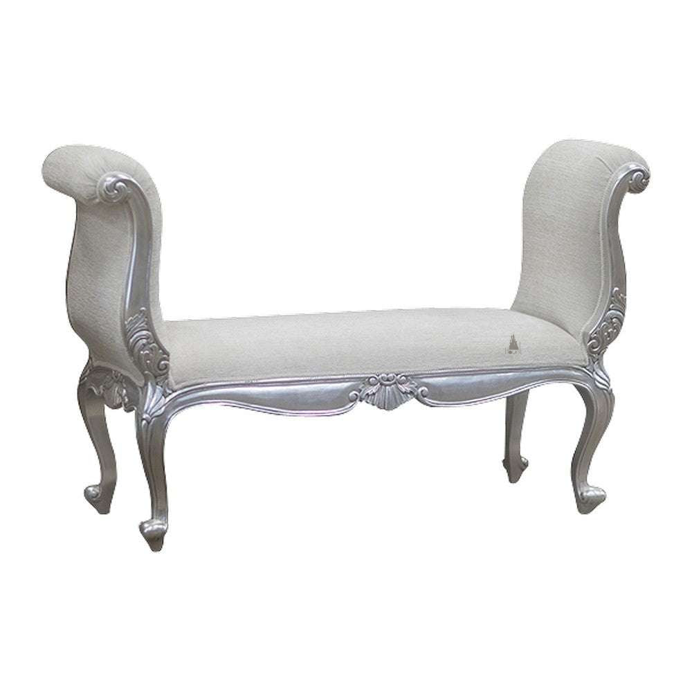 Temptress Bench by Haunt Cult, a pale silver bench with high scroll-shaped end rests, cream upholstered panels, curved cabriole legs and carved shell details along the frame, image 2