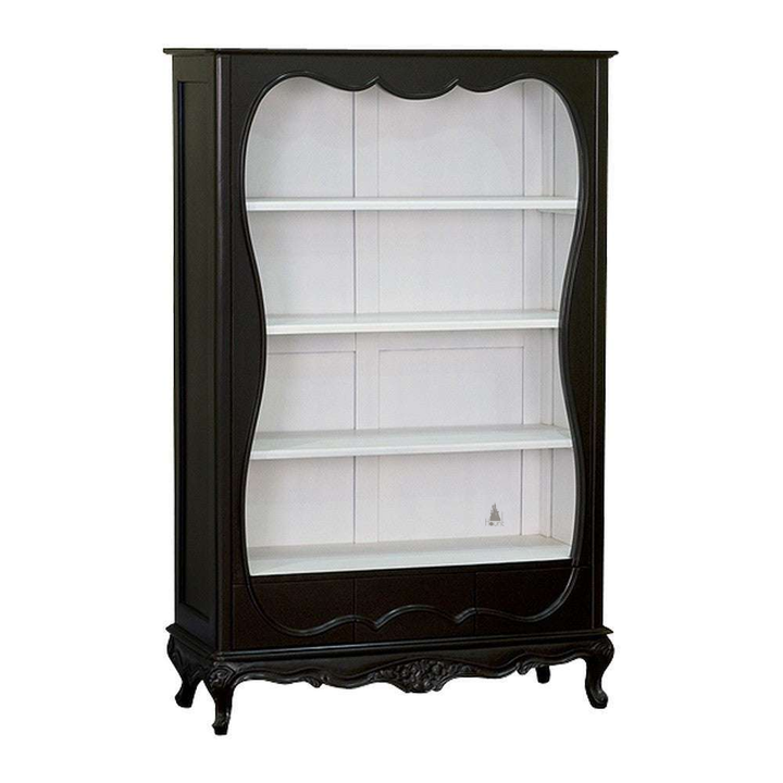 Temptress Bookcase by Haunt Cult, a tall open bookcase with a black outer frame, white interior shelving, shaped scalloped opening and carved lower apron on short curved feet