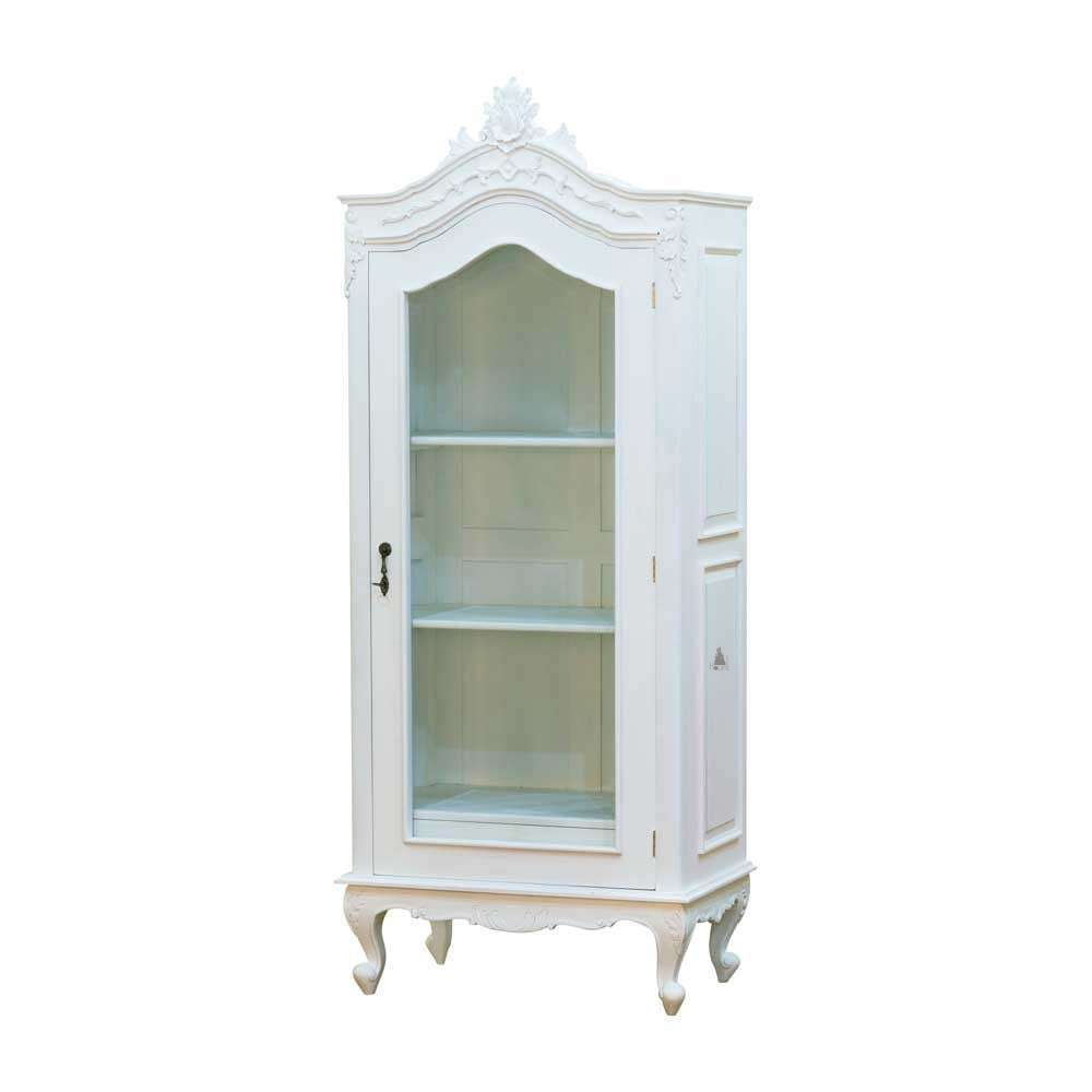 Temptress Display Cabinet by Haunt Cult, a tall white display cabinet with a single glass door, open shelves inside, curved upper door line, carved crest and slim cabriole legs, image 2