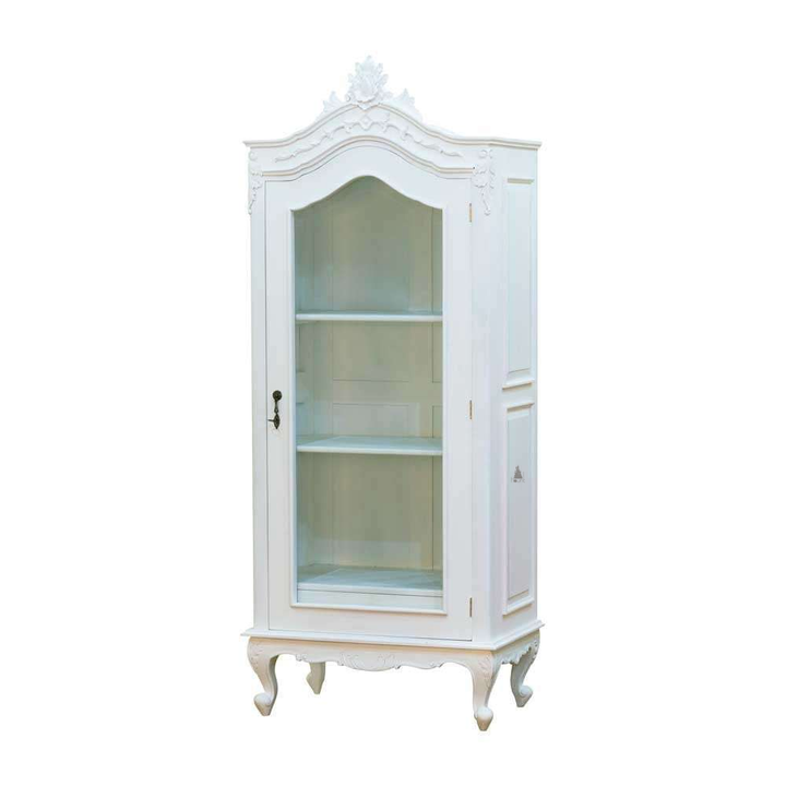 Temptress Display Cabinet by Haunt Cult, a tall white display cabinet with a single glass door, open shelves inside, curved upper door line, carved crest and slim cabriole legs, image 2