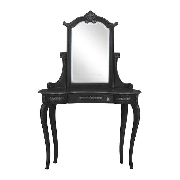 Temptress Vanity by Haunt Cult, a black vanity with a tall central mirror, shaped crest, slim curved legs, small drawers and a raised shelf-like dressing surface, image 2