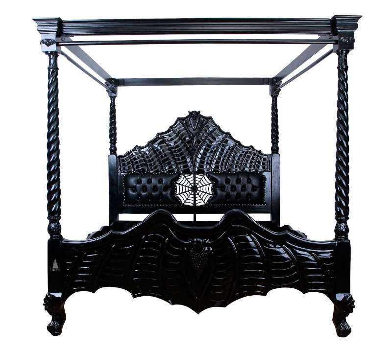 The Vamp Couture Bed, a handcrafted four-poster bed with twisted posts, spiderweb detailing, tufted headboard panels and bat-inspired footboard.