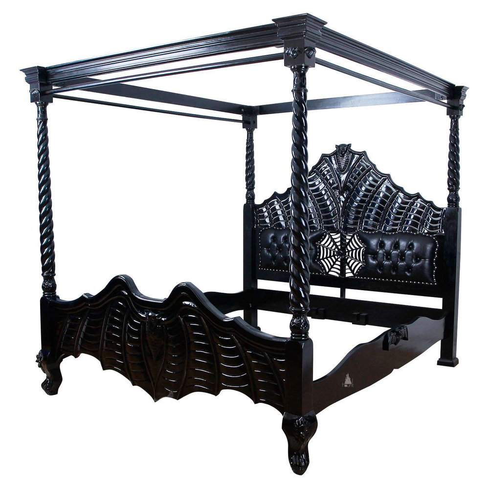 The Vamp Couture Bed, a handcrafted four-poster bed with twisted posts, spiderweb detailing, tufted headboard panels and bat-inspired footboard.