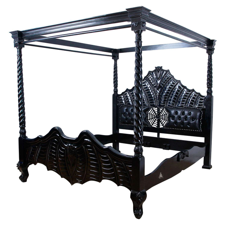 The Vamp Couture Bed, a handcrafted four-poster bed with twisted posts, spiderweb detailing, tufted headboard panels and bat-inspired footboard.