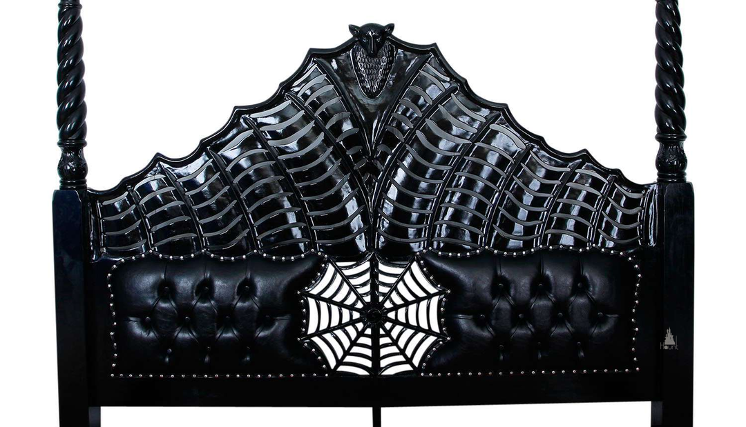 The Vamp Couture Bed, a handcrafted four-poster bed with twisted posts, spiderweb detailing, tufted headboard panels and bat-inspired footboard.