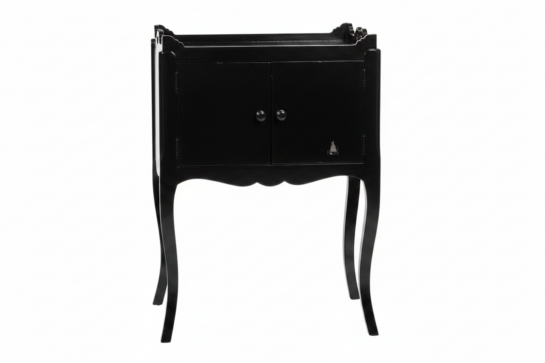 Another view of the Vampiress Bedside Table, a compact two-door bedside cabinet with a tray-style top