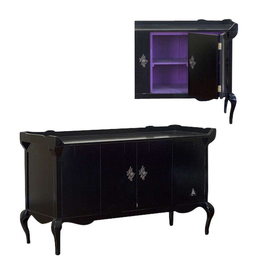 Vampiress Buffet by Haunt Cult, a black buffet with long cabinet doors, curved legs, silver-toned hardware and a purple painted interior visible in the open detail image