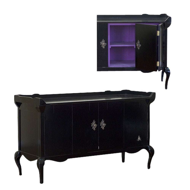 Vampiress Buffet by Haunt Cult, a black buffet with long cabinet doors, curved legs, silver-toned hardware and a purple painted interior visible in the open detail image