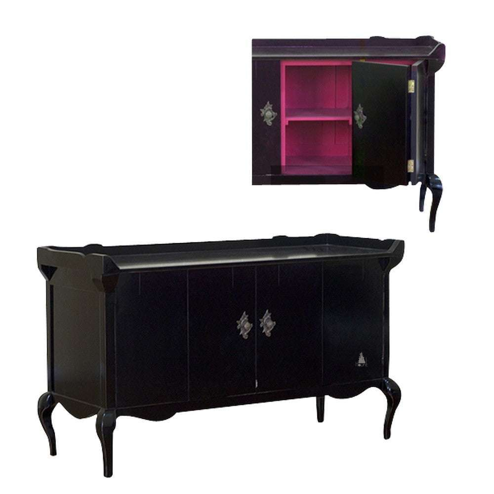 Vampiress Buffet by Haunt Cult, a black buffet with long cabinet doors, curved legs, silver-toned hardware and a purple painted interior visible in the open detail image, image 2