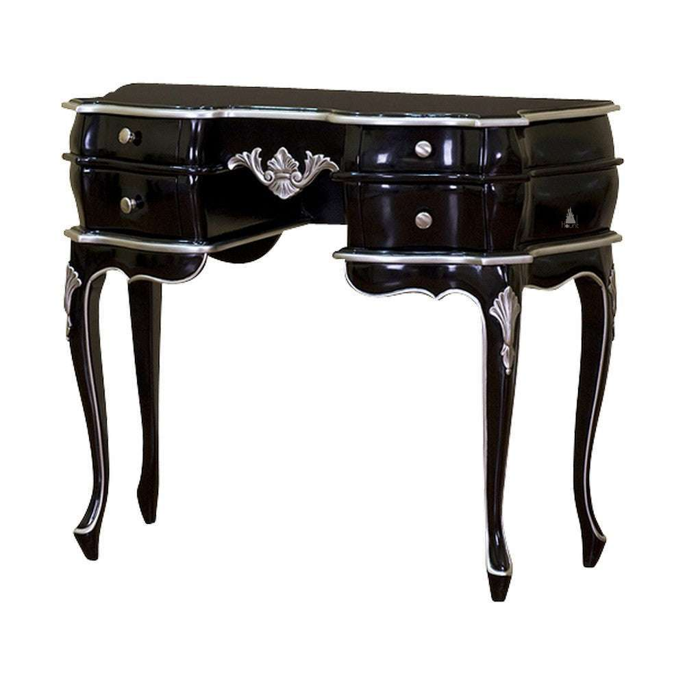 Vampiress Desk by Haunt Cult, a glossy black desk with curved front drawers, silver-toned carved accents, rounded side panels and slender curved legs