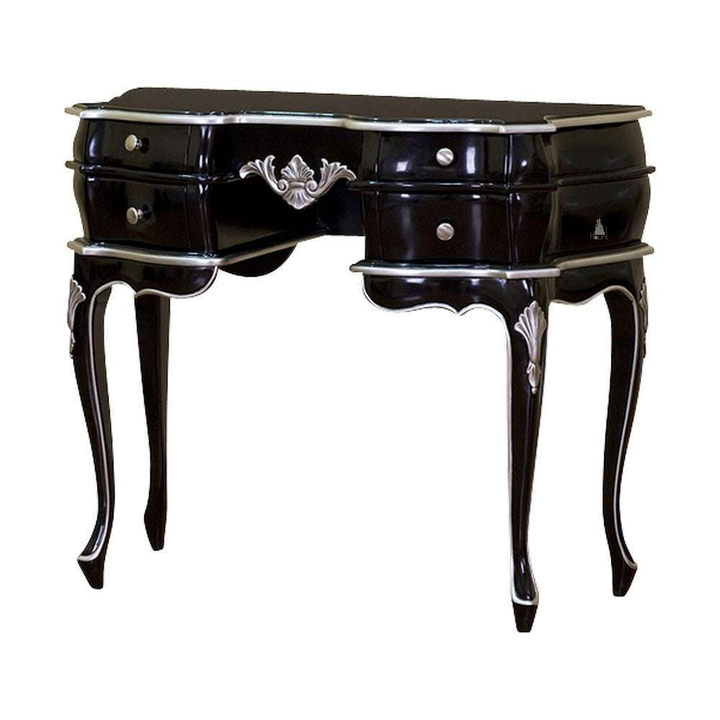 Vampiress Desk by Haunt Cult, a glossy black desk with curved front drawers, silver-toned carved accents, rounded side panels and slender curved legs, image 2