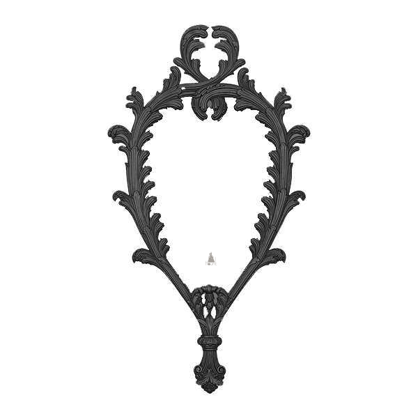 Vampiress Mirror by Haunt Cult, a tall black wall mirror with a narrow pointed lower form, scrolling leaf-like side carvings and a dramatic open crest at the top