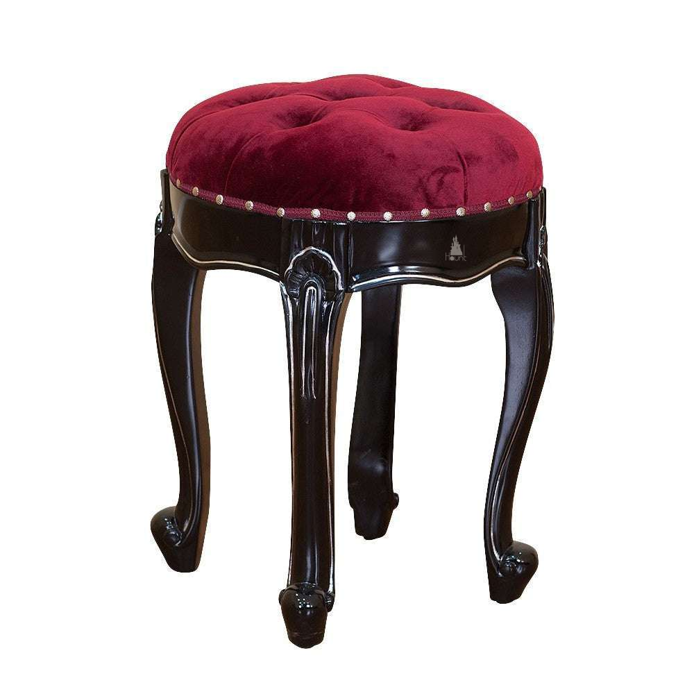 Vampiress Stool by Haunt Cult, a compact round stool with a deep red tufted cushion, glossy black curved legs and nailhead trim around the apron, image 2