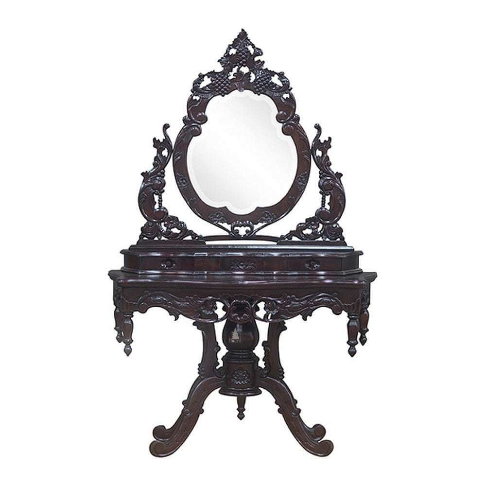 Vampiress Vanity by Haunt Cult, a dark ornate vanity with a round central mirror, high open carved crest, side scroll supports, small drawers and an intricately carved base on curved feet