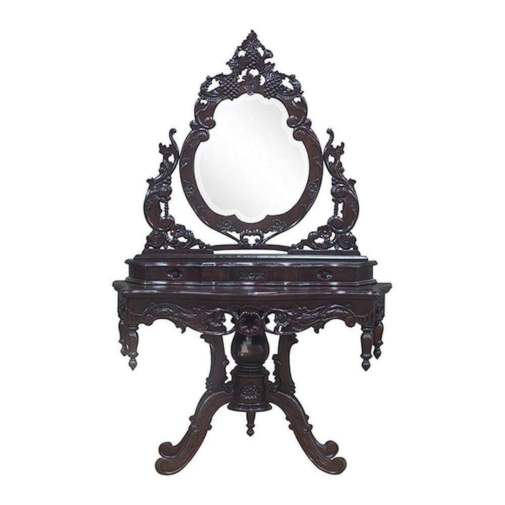Vampiress Vanity by Haunt Cult, a dark ornate vanity with a round central mirror, high open carved crest, side scroll supports, small drawers and an intricately carved base on curved feet