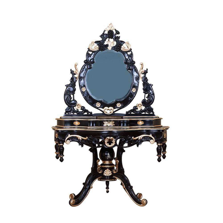 Vampiress Vanity by Haunt Cult, a dark ornate vanity with a round central mirror, high open carved crest, side scroll supports, small drawers and an intricately carved base on curved feet, image 2