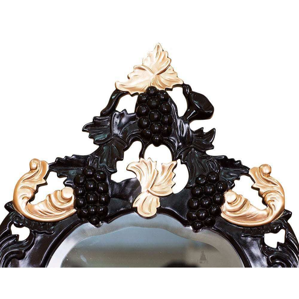 Vampiress Vanity by Haunt Cult, a dark ornate vanity with a round central mirror, high open carved crest, side scroll supports, small drawers and an intricately carved base on curved feet, image 3