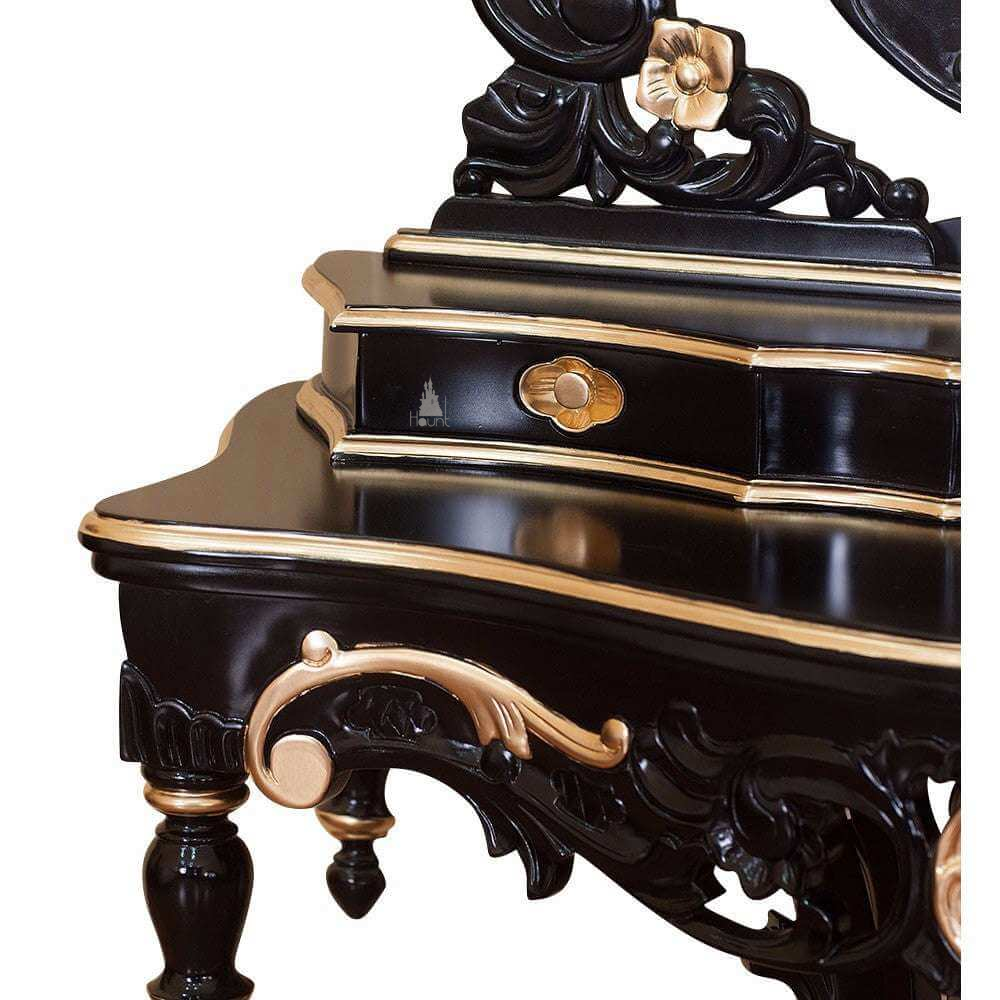 Vampiress Vanity by Haunt Cult, a dark ornate vanity with a round central mirror, high open carved crest, side scroll supports, small drawers and an intricately carved base on curved feet, image 4