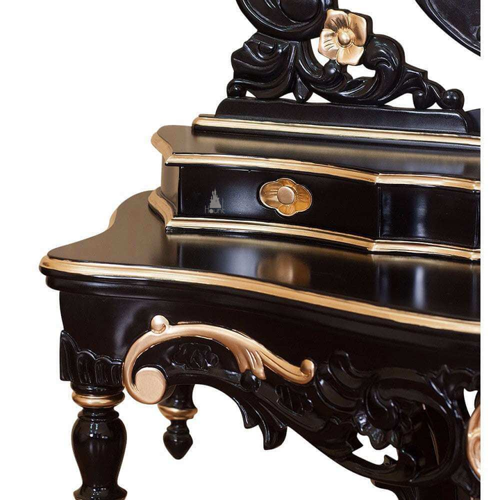 Vampiress Vanity by Haunt Cult, a dark ornate vanity with a round central mirror, high open carved crest, side scroll supports, small drawers and an intricately carved base on curved feet, image 4