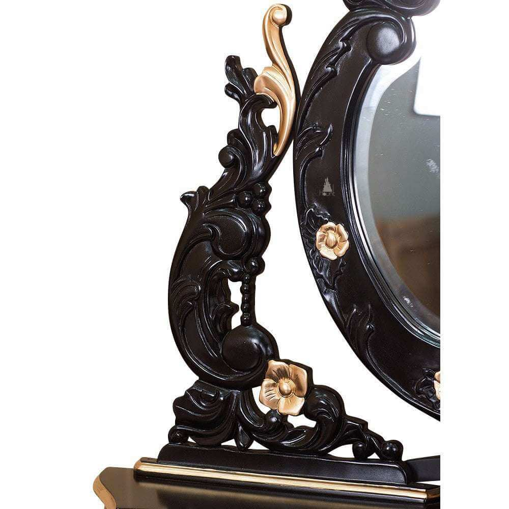 Vampiress Vanity by Haunt Cult, a dark ornate vanity with a round central mirror, high open carved crest, side scroll supports, small drawers and an intricately carved base on curved feet, image 5