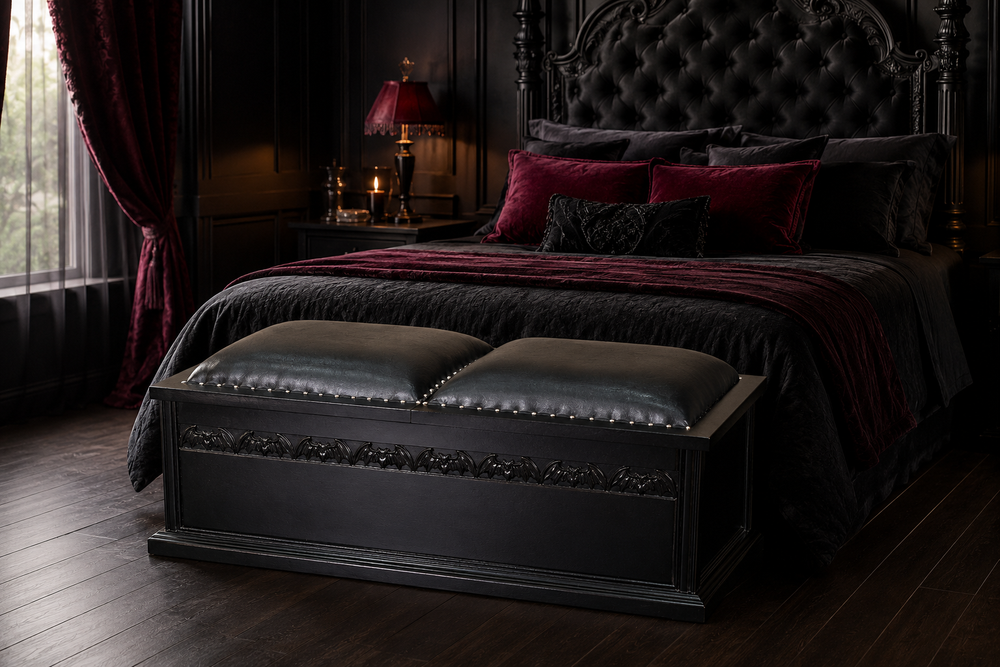 Black carved coffin blanket box with two padded lids at the foot of a dark romantic gothic bed