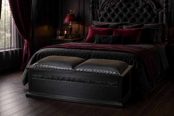 Black carved coffin blanket box with two padded lids at the foot of a dark romantic gothic bed