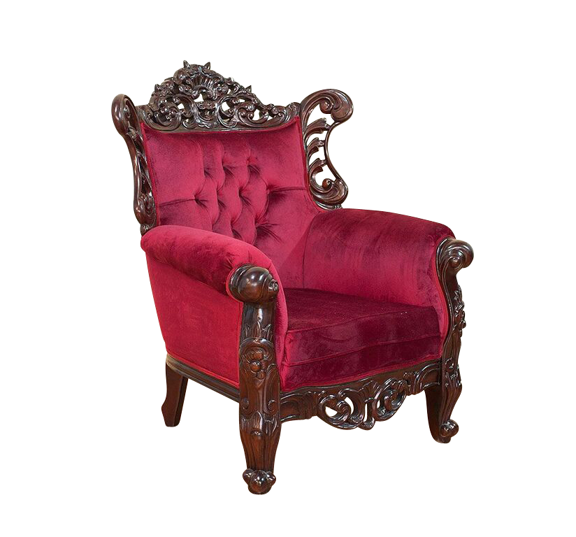 The Maleficent Occasional Chair, a handcrafted gothic armchair with button-tufted upholstery, rolled arms and ornate carved timber frame.
