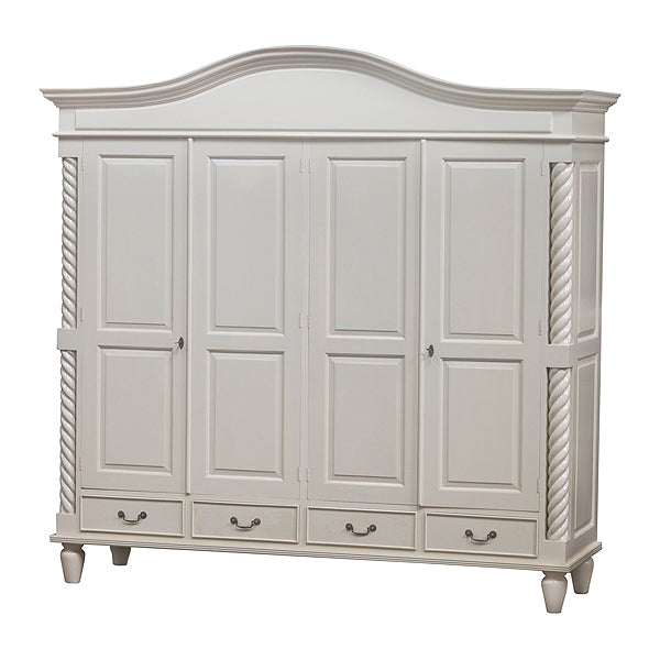The Luxe Armoire, a handcrafted wardrobe with four panelled doors, lower drawers, twisted side columns and an arched cornice.
