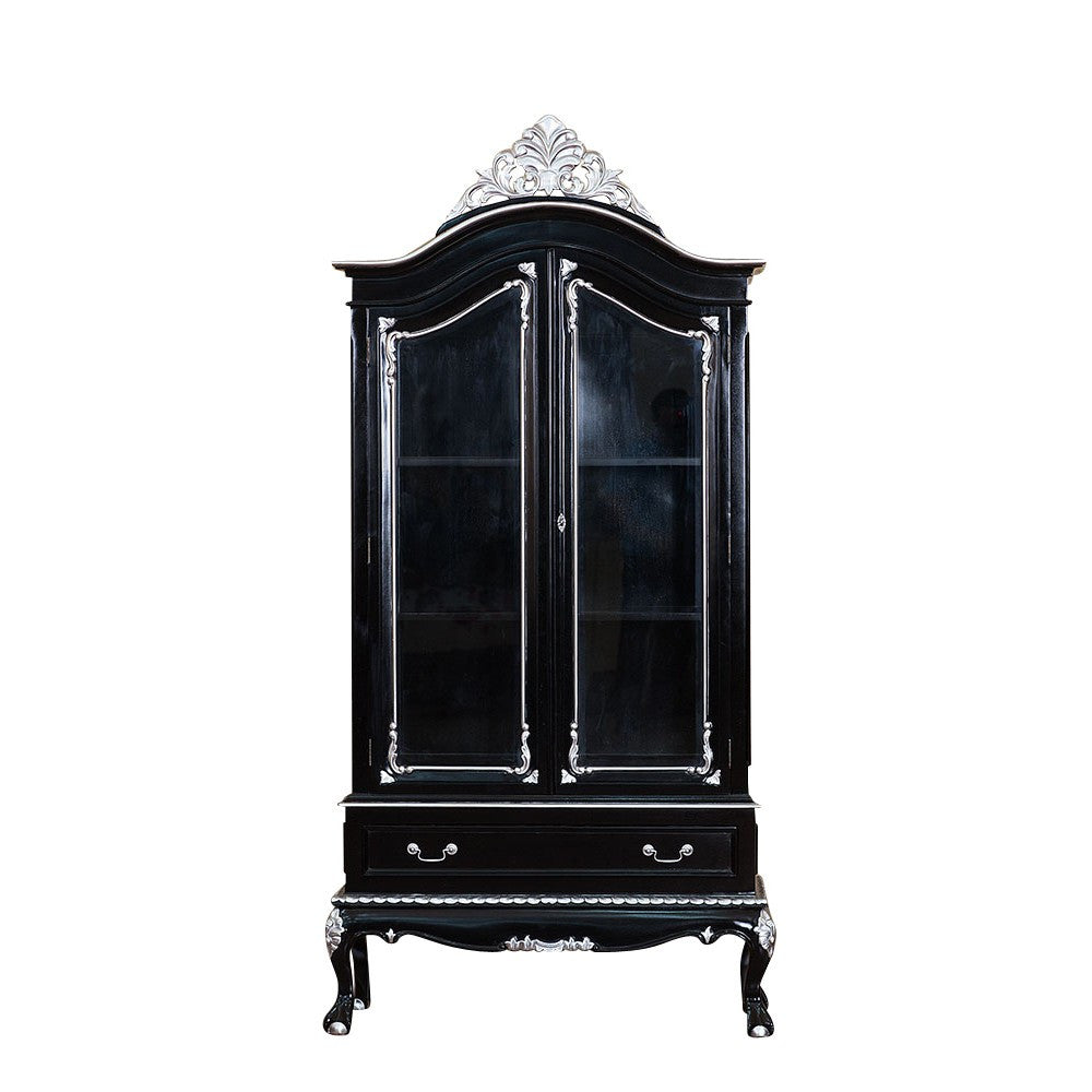 Seduce Display Cabinet, a black double-door glass cabinet crowned with a silver carved crest and finished with silver accents