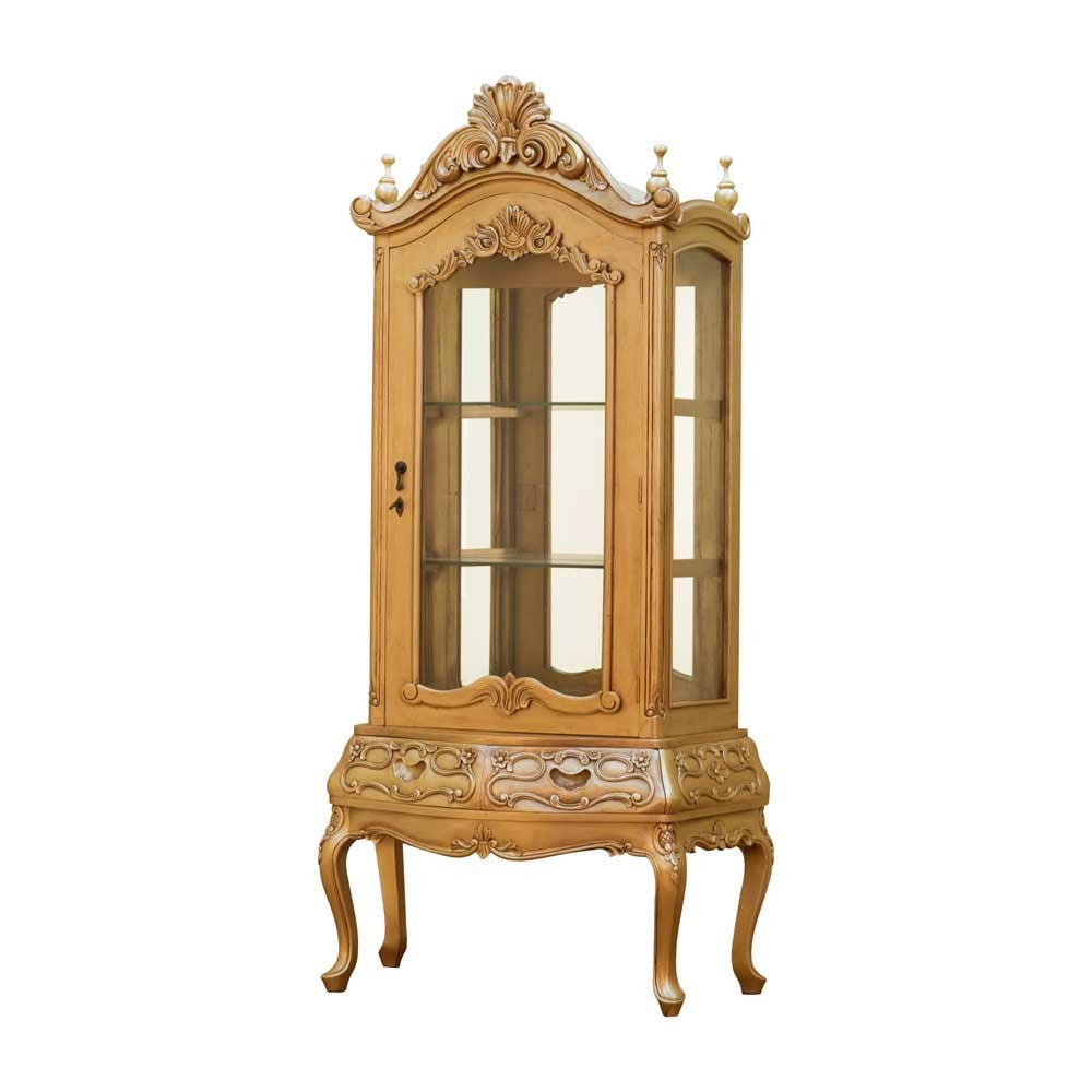 Vampiress Display Cabinet, a single-door glass display cabinet with a carved crest and finials, a shaped base and cabriole legs